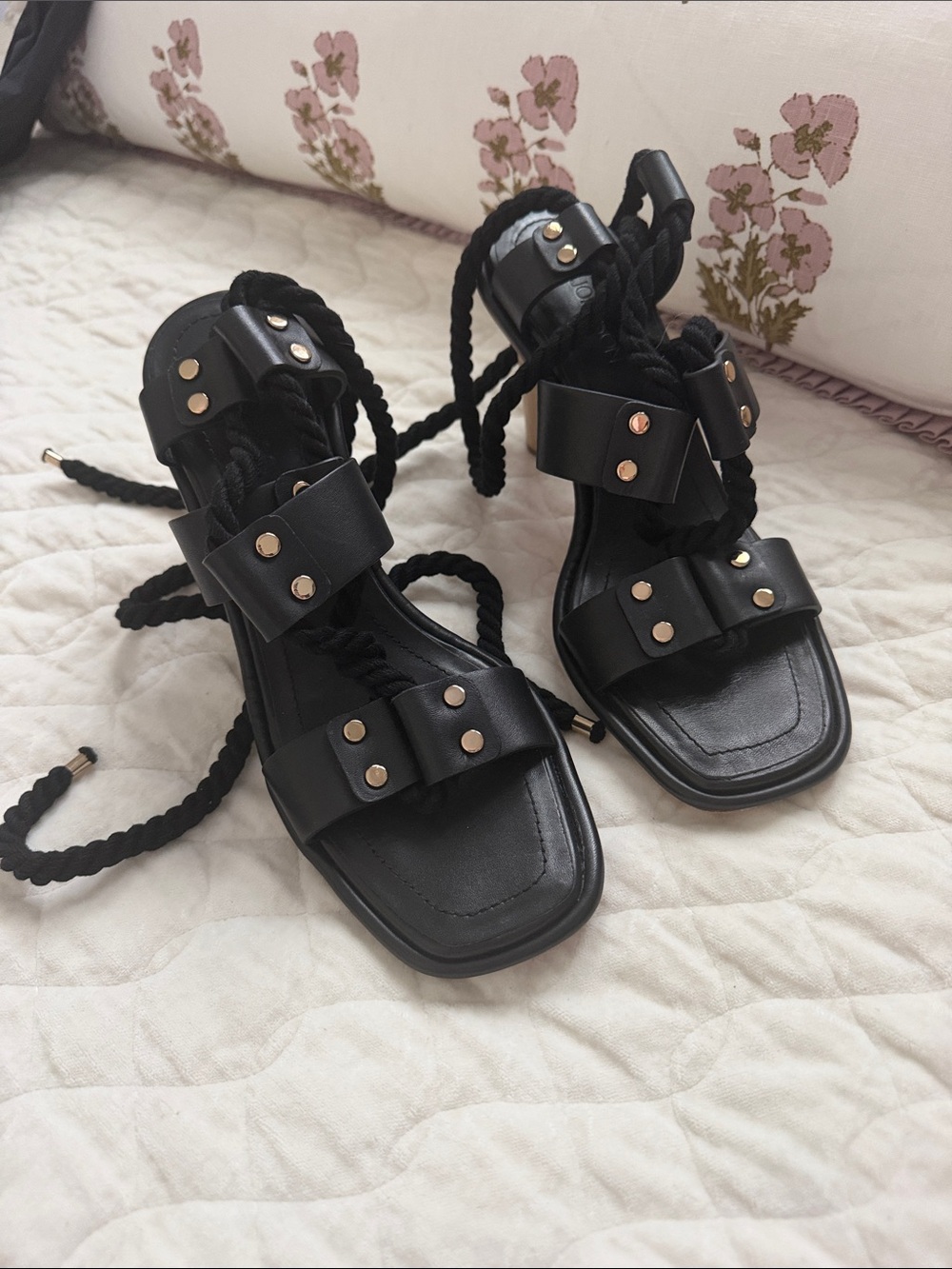 Ulla Johnson Black Studded Rope Lace-Up Sandals size 10 - Women's Fashion